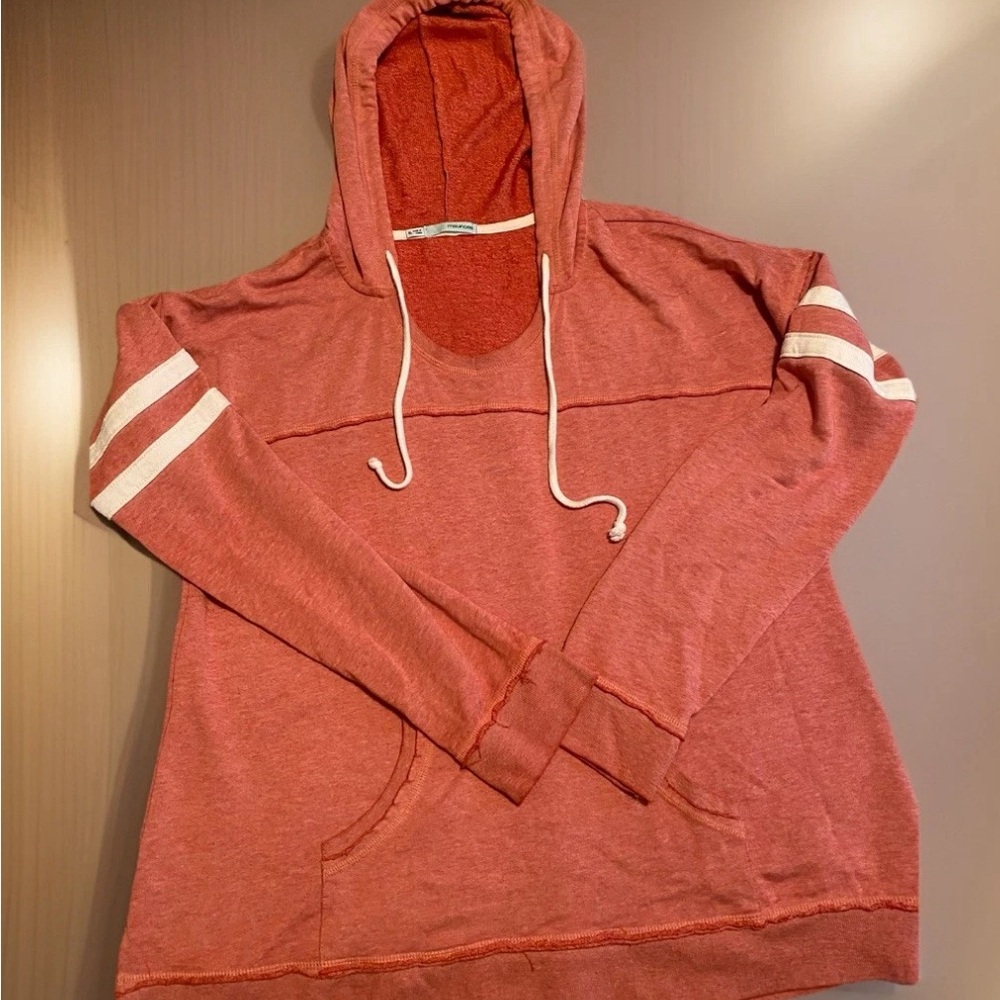 Maurice’s Women’s Hooded Coral Sweatshirt Size XL White Stripes Front Pocket